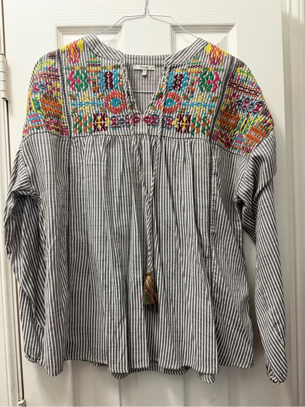 Embroidered Stripe Peasant Longsleeve Top - Multicolor on Gray/White - Brand